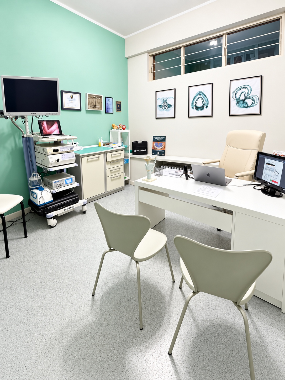 Ambulatorio dello Studio Medico Calliope dedicato alla valutazione della voce, con colonna endoscopica, monitor, modello anatomico della laringe e postazione clinica