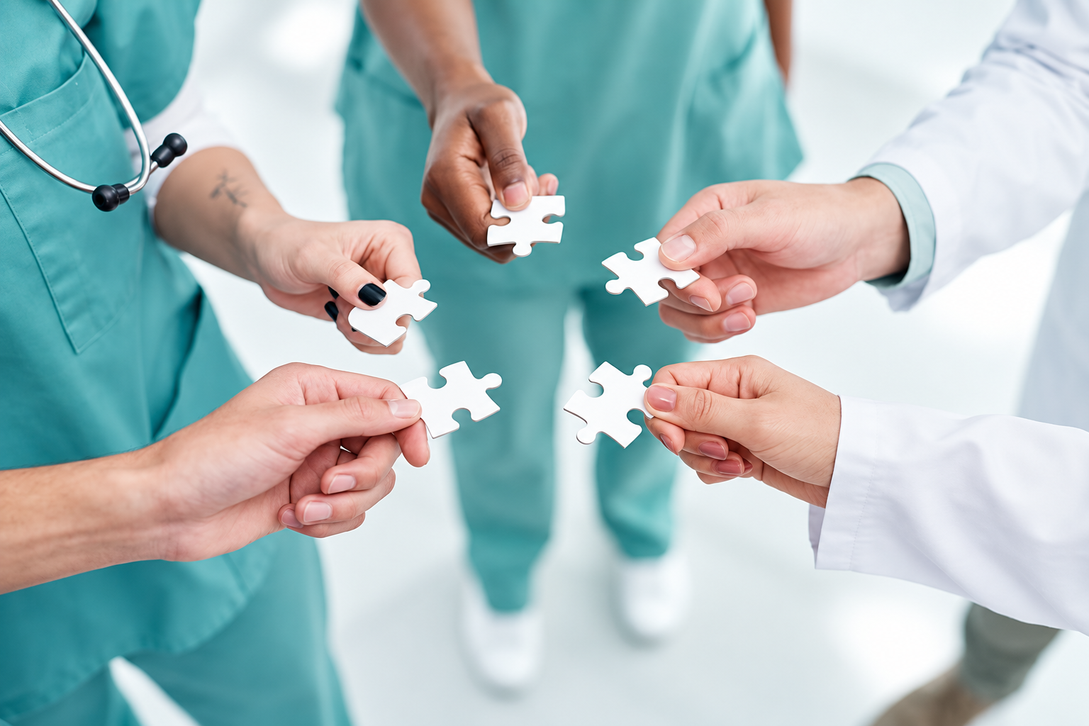 Mani di più professionisti sanitari che uniscono tessere di un puzzle, a rappresentare la collaborazione multidisciplinare e i percorsi di cura integrati dello Studio Calliope